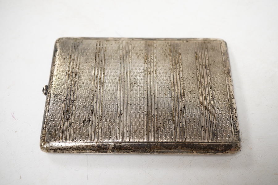 A 900 standard white metal and blue enamel rectangular cigarette case, with engraved initials, 10.5cm.